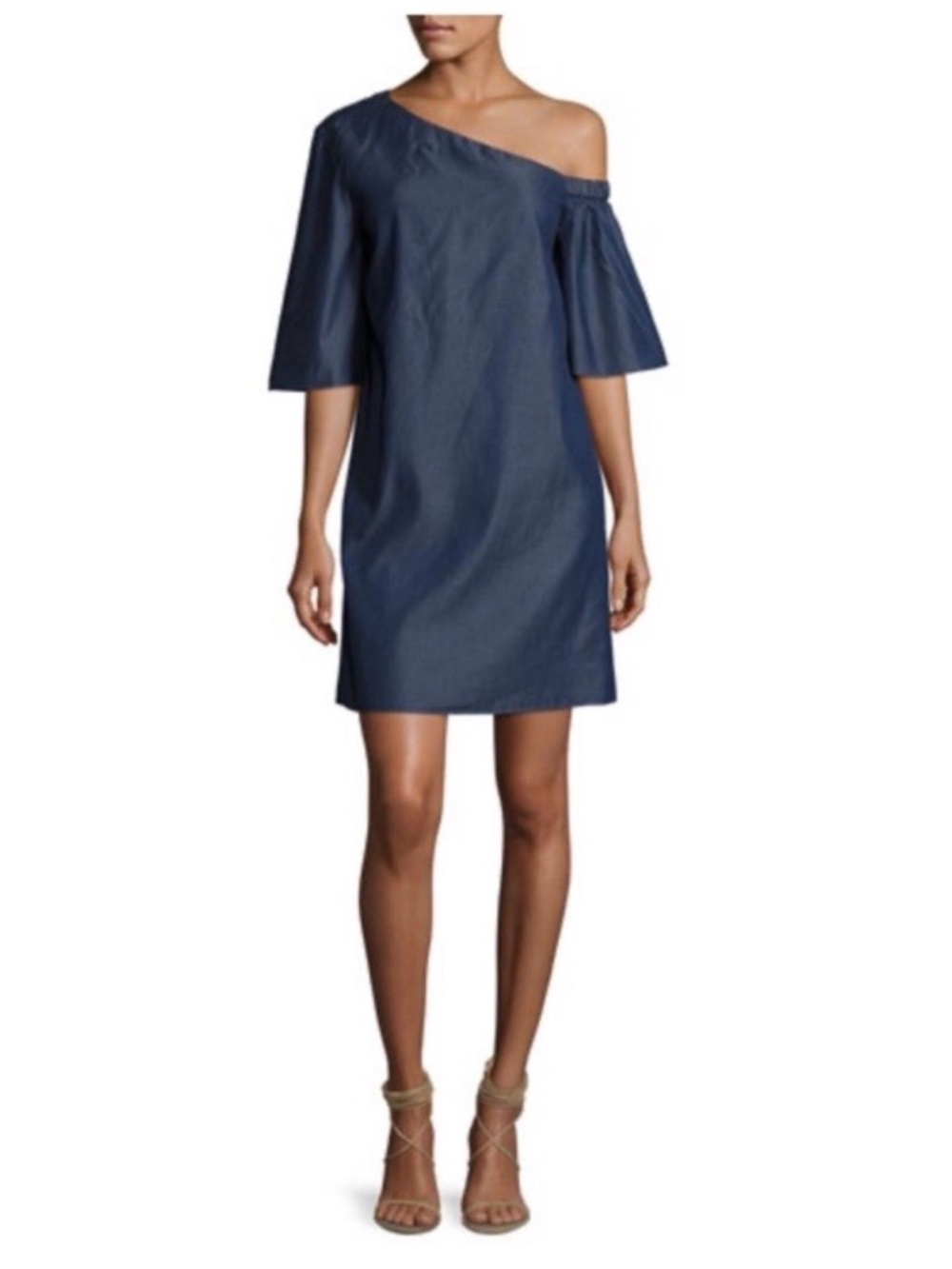 Tibi Dark Blue Chambray Off Shoulder Dress Size 10 Cotton Mini Shift